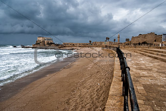 Ruins of harbor at Caesarea - ancient roman port in Israel