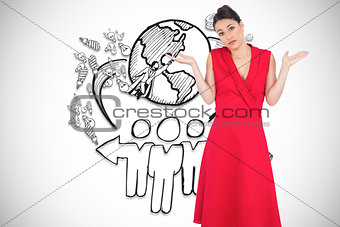 Composite image of hesitant elegant brunette in red dress posing