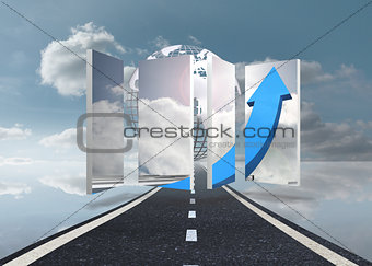 Composite image of blue arrow on abstract screen