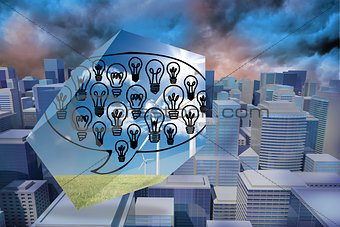 Composite image of light bulbs in speech bubble on abstract screen