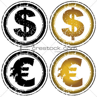 Rubber stamp set with dollar and euro symbols