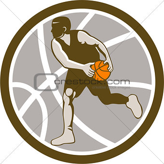 Basketball Player Dribbling Ball Circle Retro