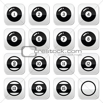 Pool ball, billiard or snooker ball buttons set