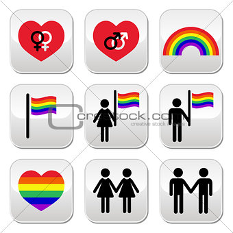 Gay and lesbian couples, rainbow vector buttons set