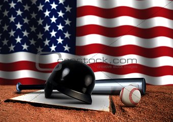 Baseball Bat with Helmet and American Flag