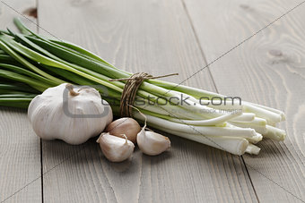 bunch of fresh green onions and garlic