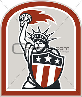 Statue of Liberty Holding Flaming Torch Shield Retro