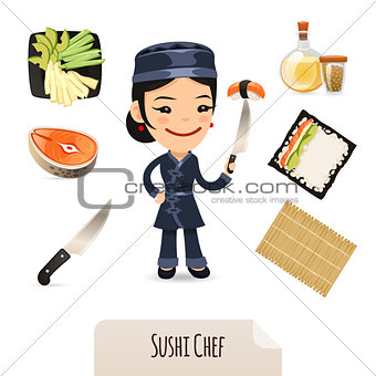 Female Sushi Chef Icons Set.