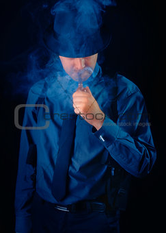 Man with Gun Holstered Smoking Pipe