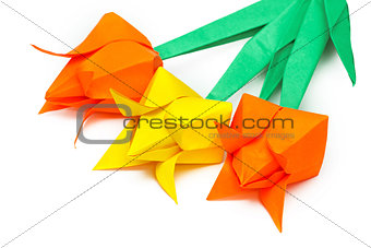 Three paper tulips on a white background