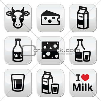 Dairy products - milk, cheese vector buttons set