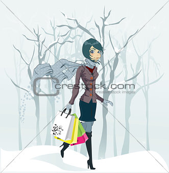 Winter girl and snowfall. Vector illustration 