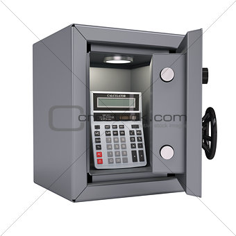 Calculator in an open metal safe
