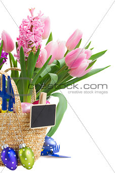 hyacinth and tulip flowers with easter eggs