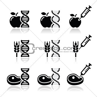Food DNA, genetically modyfied food GMO icons sett