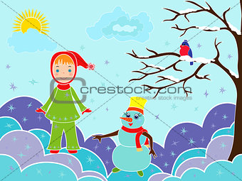 Small girl with snowman among snowdrifts