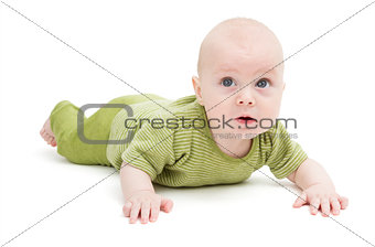 toddler in green clothing isolated in white background