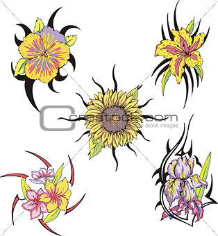 Set of tribal flower tattoos