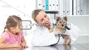 Veterinarian examining puppy with girl
