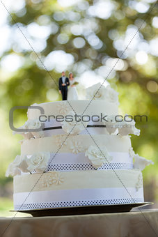 Figurine couple on wedding cake at park