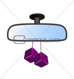 Car mirror with pair of purple dices