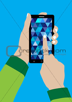 Modern Touchscreen Mobile Phone and Hand - Vector Illustration