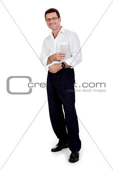 attractive adult businessman reading newspaper isolated