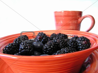 berries, orange plate, bowl, and cup