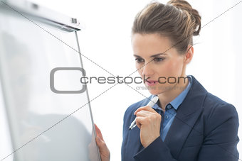 Portrait of thoughtful business woman near flipchart