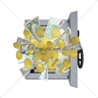 Banknotes and coins are emitted from an open safe