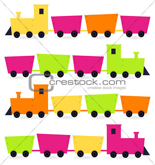 Colorful Trains set isolated on white ( pink, orange, green )