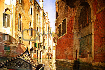 Beautiful water street - Venice, Italy. Photo in old color image