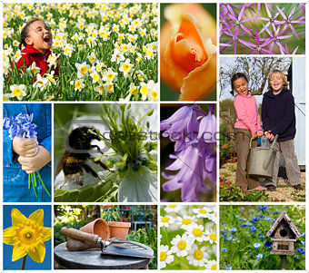 Children Playing Spring Garden Flowers Montage 