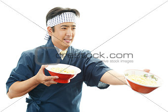 Asian chef with noodle