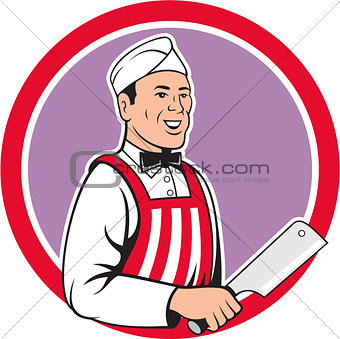 Butcher Holding Meat Cleaver Circle Cartoon