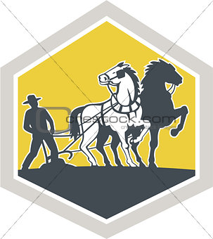 Farmer and Horses Plowing Field Crest Retro