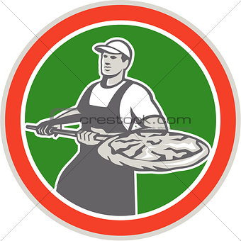 Baker Holding Peel With Pizza Circle Retro