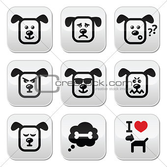 Dog buttons set - happy, sad, angry isolated on white