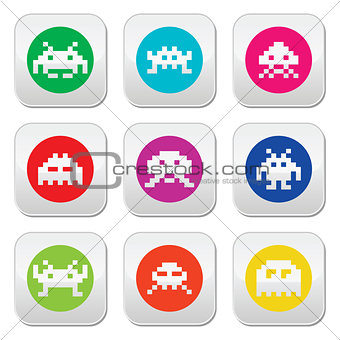 Space invaders, 8-bit aliens round icons set