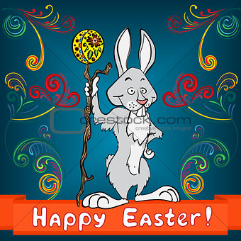 Easter bunny with egg and cane and abstract plants