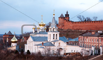 Panoramic spring april view church and Kremlin Nizhny Novgorod