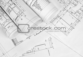 Scrolls of architectural drawings