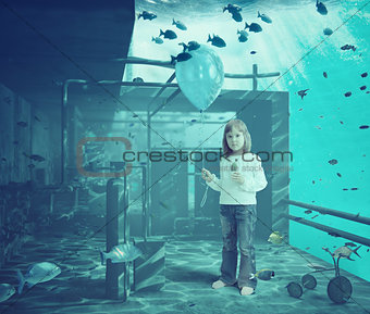 litle girl with ball underwater