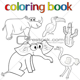 Set of animals and cactus for coloring book