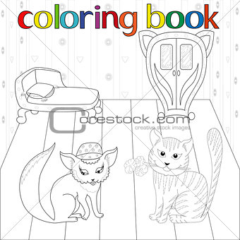 Cat and pussy in room for coloring book