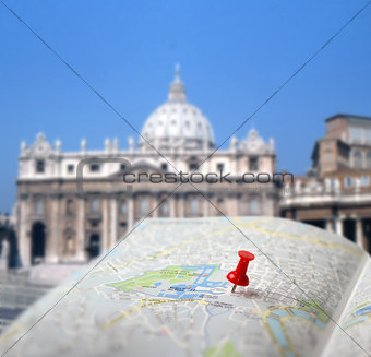 Travel destination Rome map push pin blur