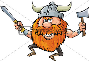 Jumping cartoon viking with sword and axe