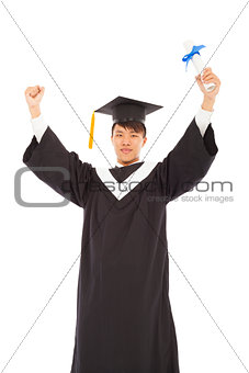  asian happy graduating student raise hand with diploma