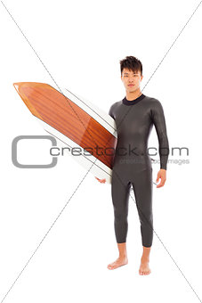 surfing man wore wet suit and holding surfing board