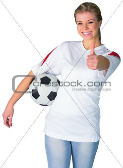 Pretty football fan in white smiling